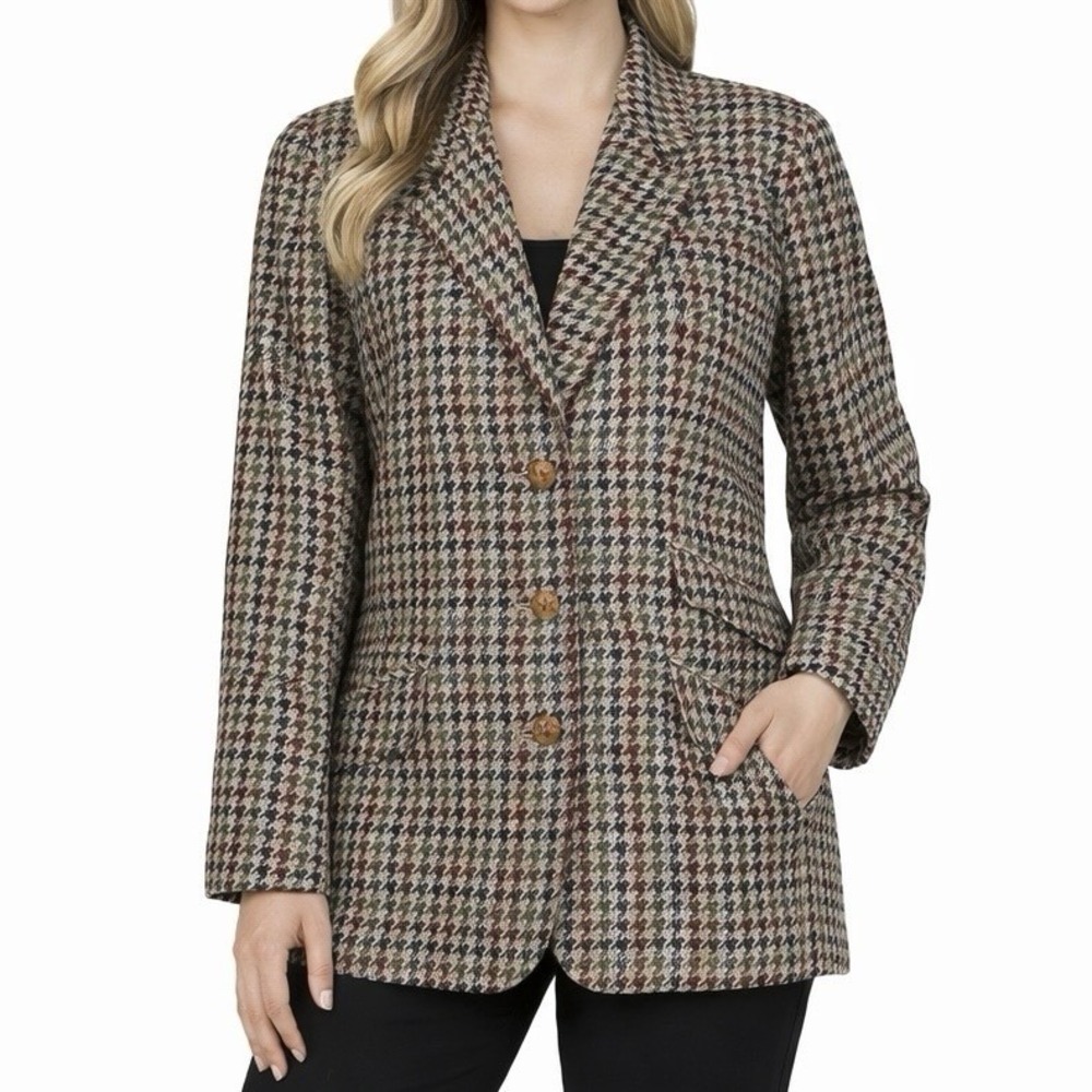 90s LIZSPORT Houndstooth Blazer 10P Wool Blend Preppy Acedemia Business Casual